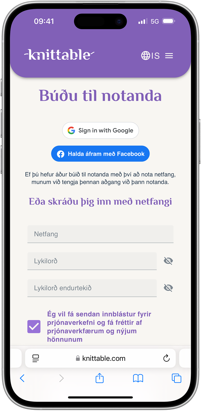 Búa til notanda skjár