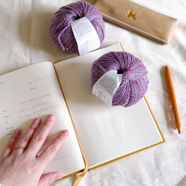 A project book and balls of yarn